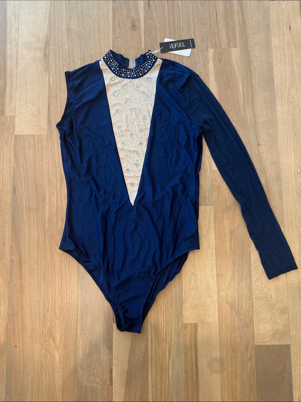 Navy Long-Sleeve Leotard with Rhinestone Accent